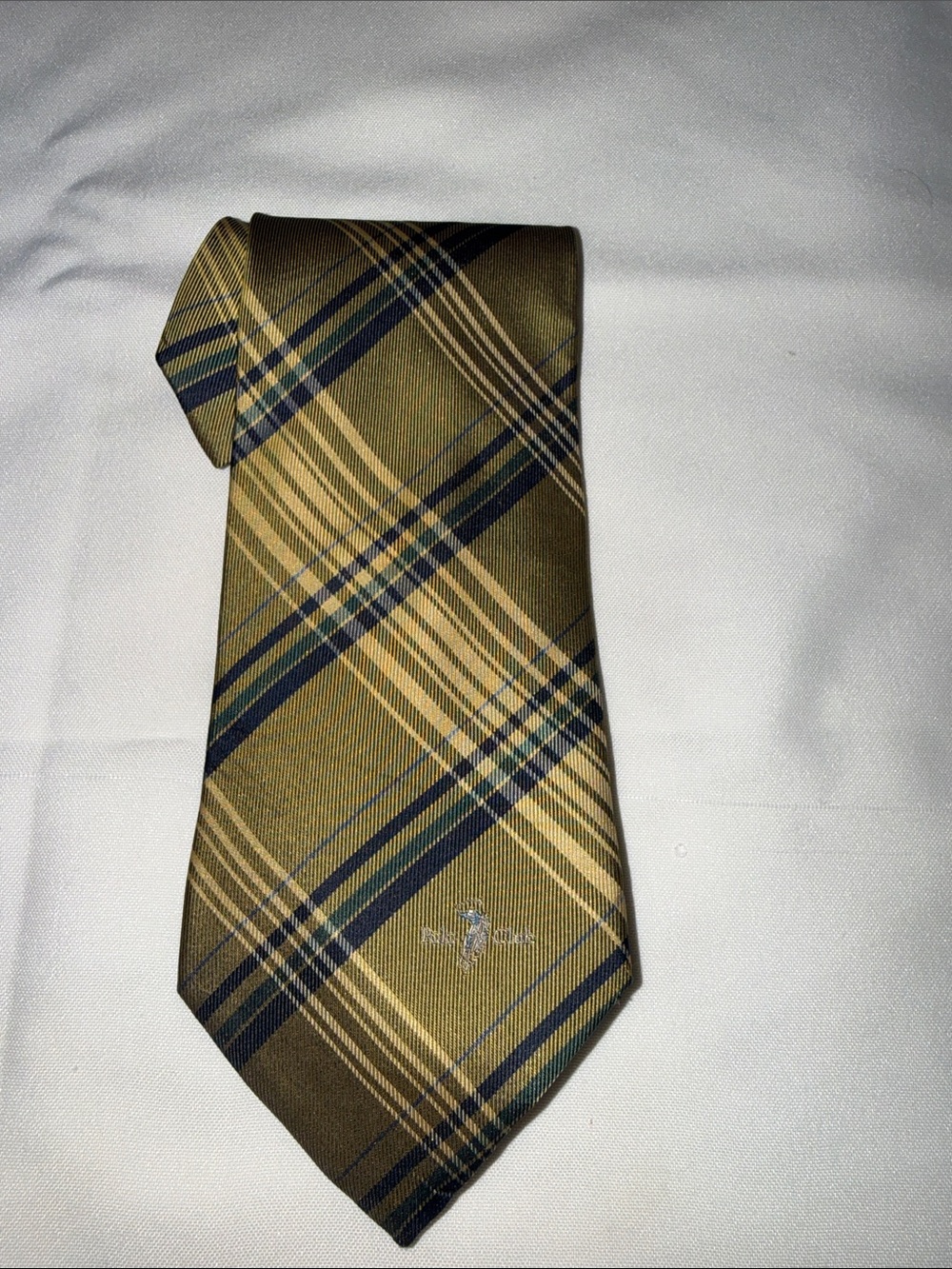 Ralph Lauren Olive Green Plaid Silk Tie with Navy and Tan Stripes
